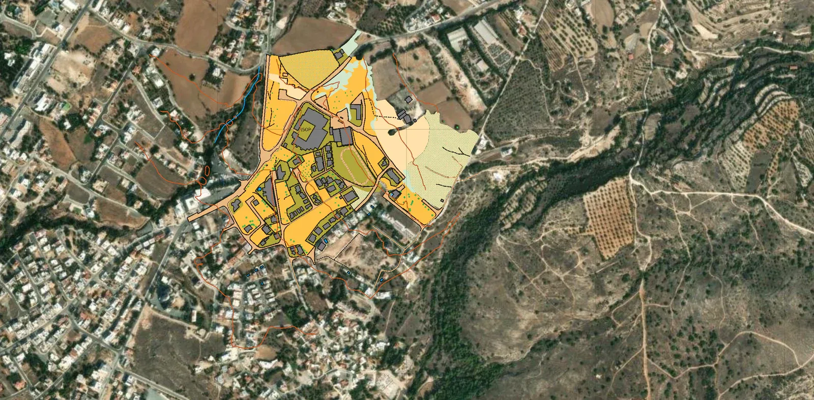 The same map over satellite imagery: olive terraces and rooftops visible under the orienteering
drawing.