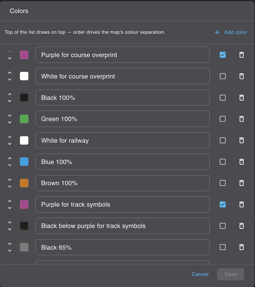 The colour table: the inks in print order with arrows to move them, the overprint checkbox, and the
note that the top of the list draws on top.