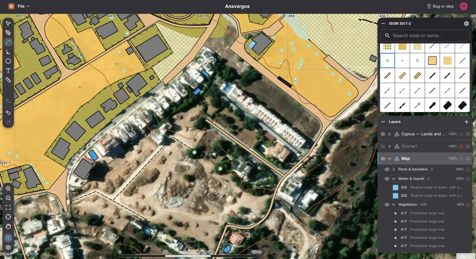 Placing trees: the symbol panel open on the tree symbols, green dots going down over the olive
terraces.