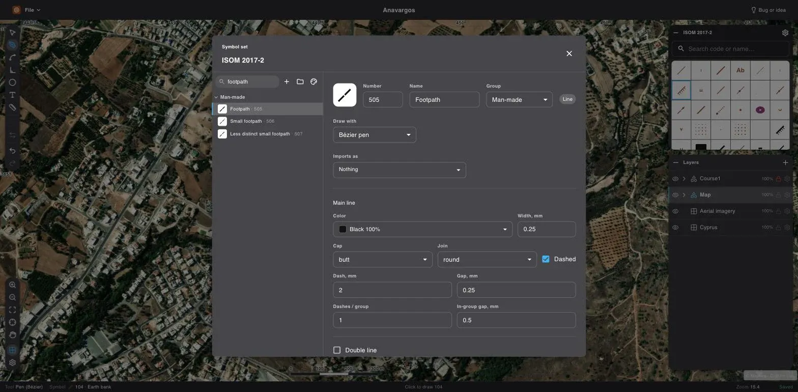 The symbol card open over the map: the drawing canvas on the left, the symbol panel on the right, and
the properties of the selected symbol above it.