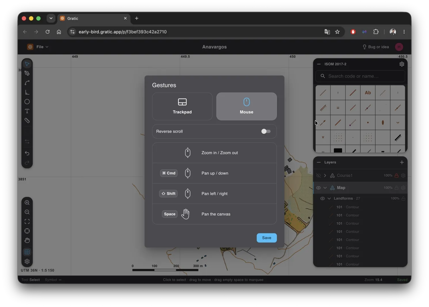 The gesture sheet alternating between the trackpad and the mouse layouts: pan, zoom and the modifier
keys for each device.