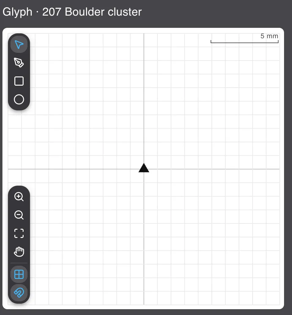 The glyph canvas: a millimetre grid with two axes crossing at zero, a scale bar, the drawing tools down
the side, and the shape being edited in the middle.