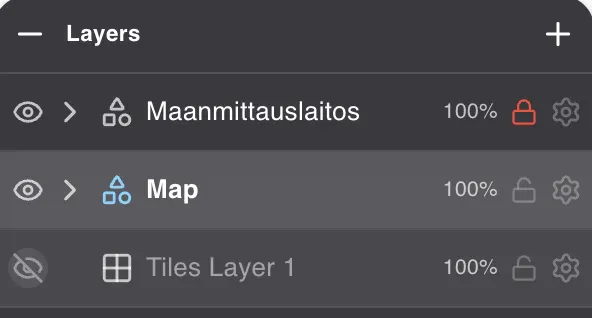 The layers panel: the imported national survey layer marked locked, the drawing layer above it, and
the aerial imagery layer switched off.