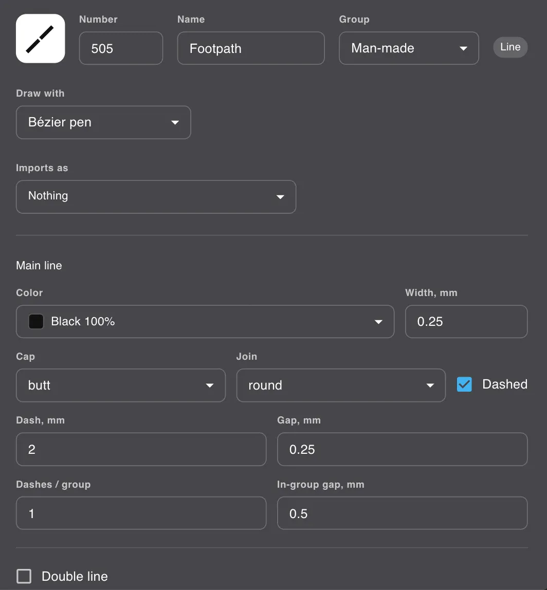 A line symbol open for editing: the dash length, the gap, how many dashes to a group, and the block for
the element repeated along the line.