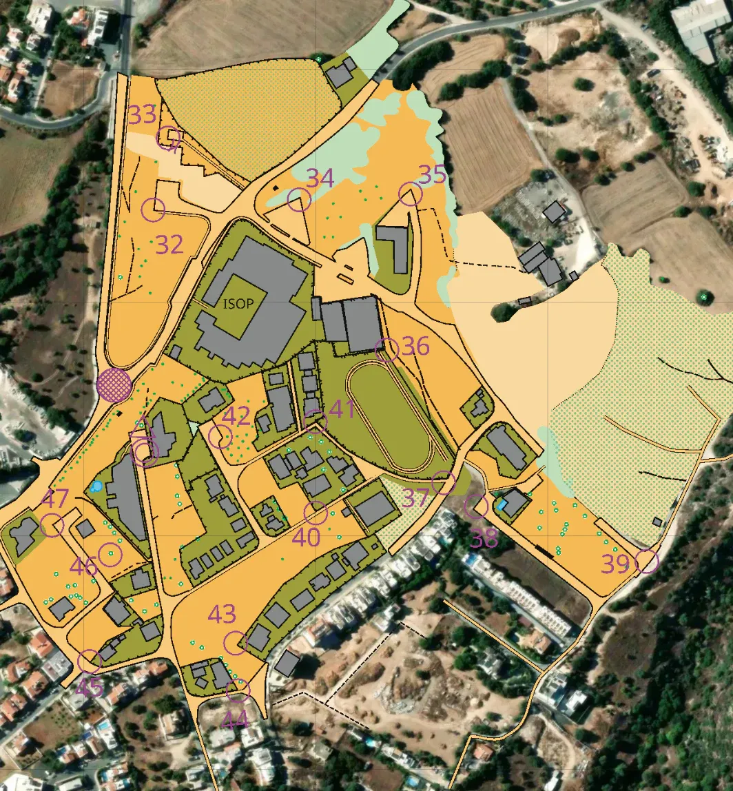 A drawn sprint map over the aerial photograph it was traced from: buildings, paths and vegetation
boundaries line up with the ground, and nothing in the photograph says how fast any of it
runs.