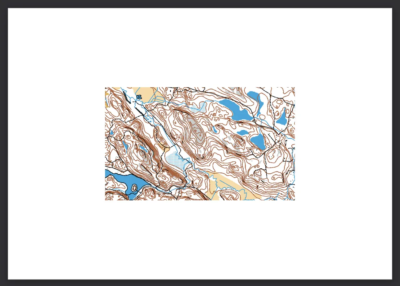 An A4 sheet in print preparation with one map window on it, the terrain drawn inside at print scale and
white margins around it.