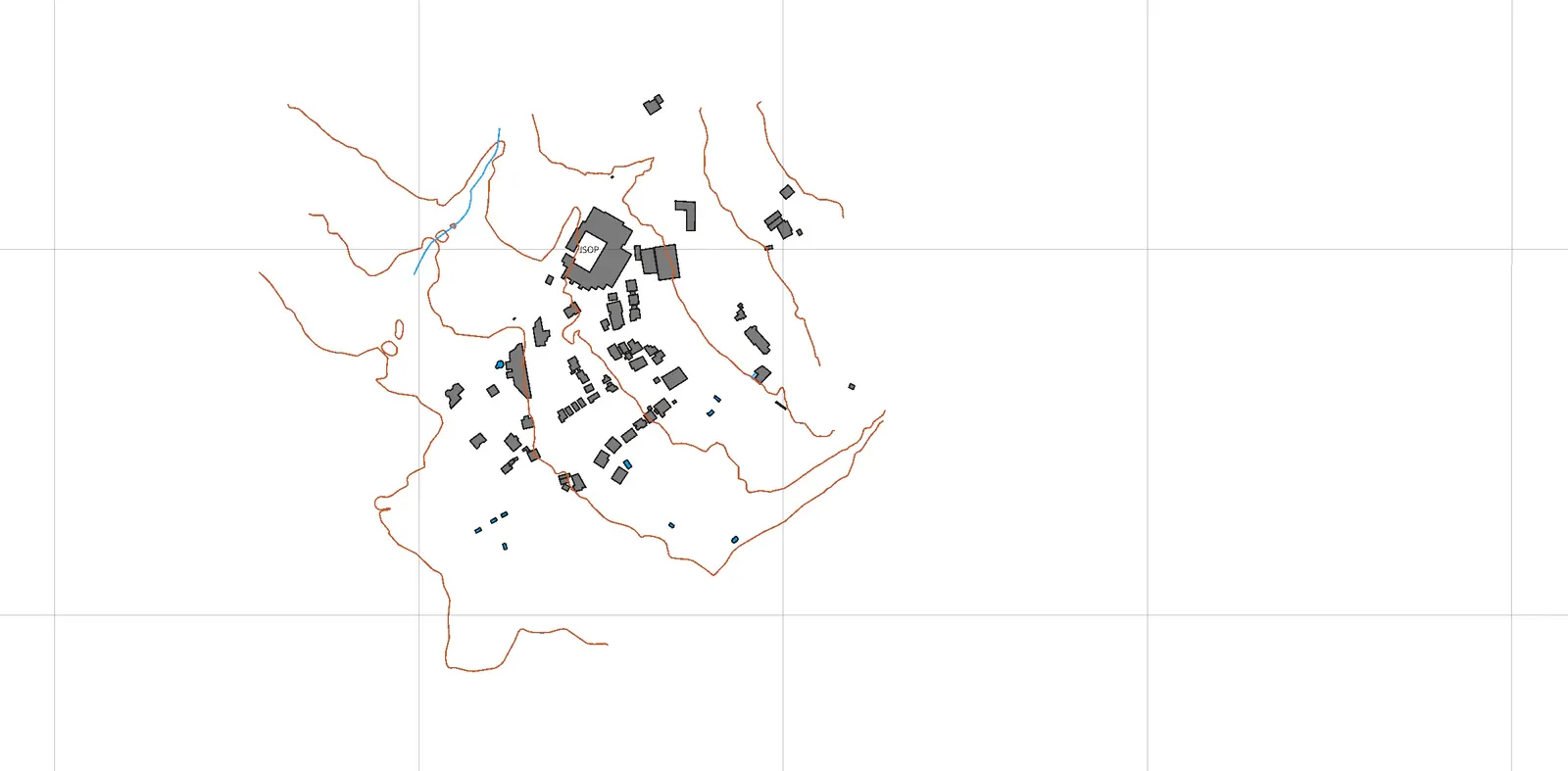 Buildings added: eighty-five black outlines forming the village core.
