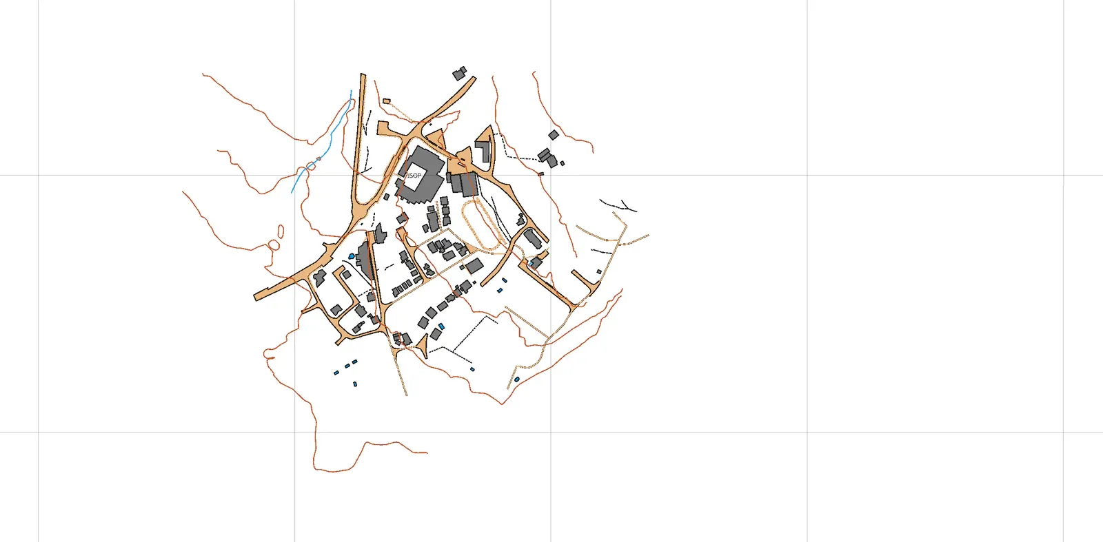 Roads and paved areas added: the street network now connects the
buildings.