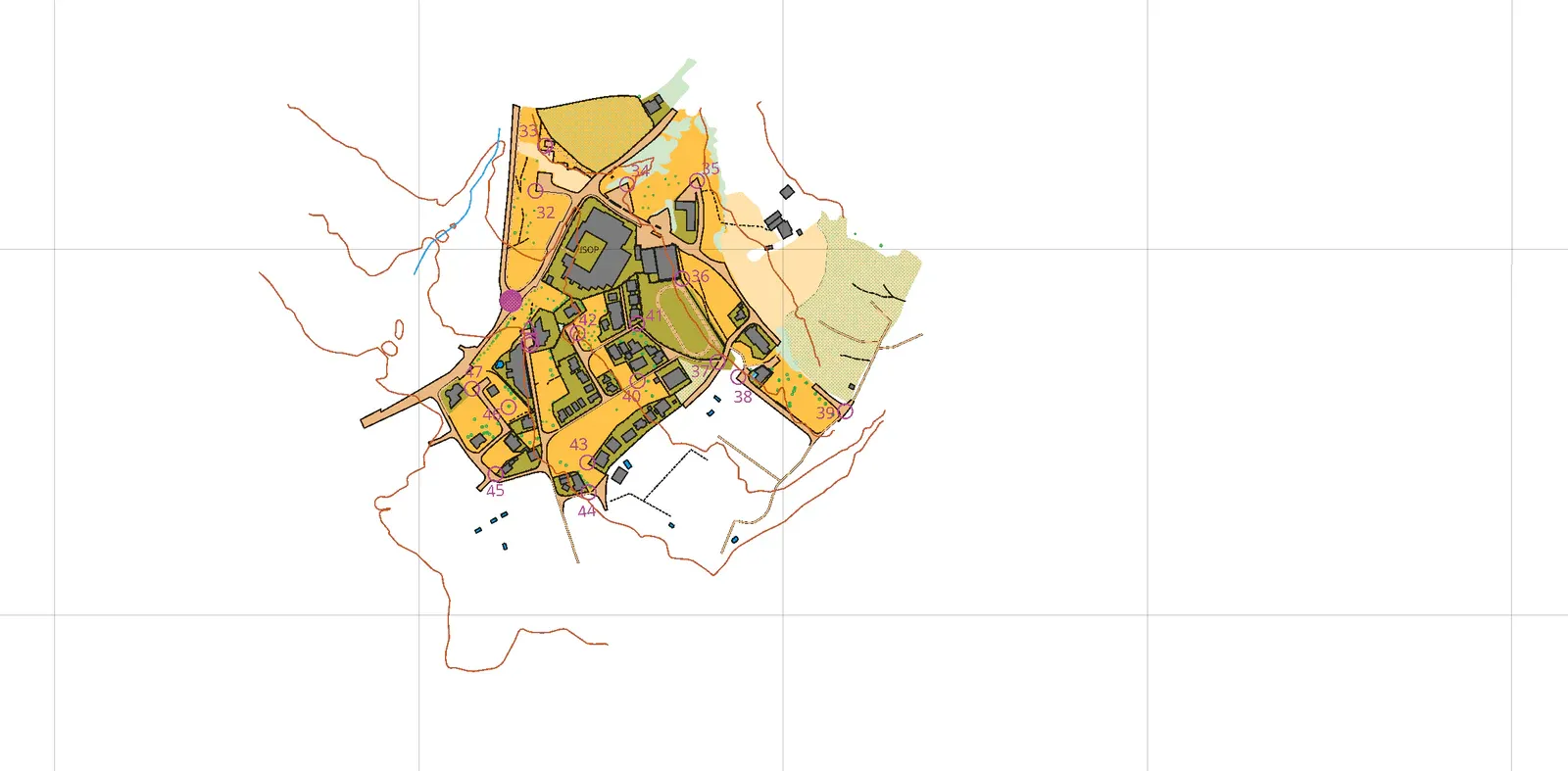 The finished map with a course on top: control circles and connecting lines across the
village.