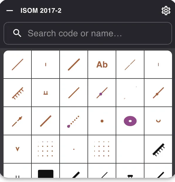The symbol panel: the set name at the top, a search field for code or name, and a grid of real ISOM
symbols under it.