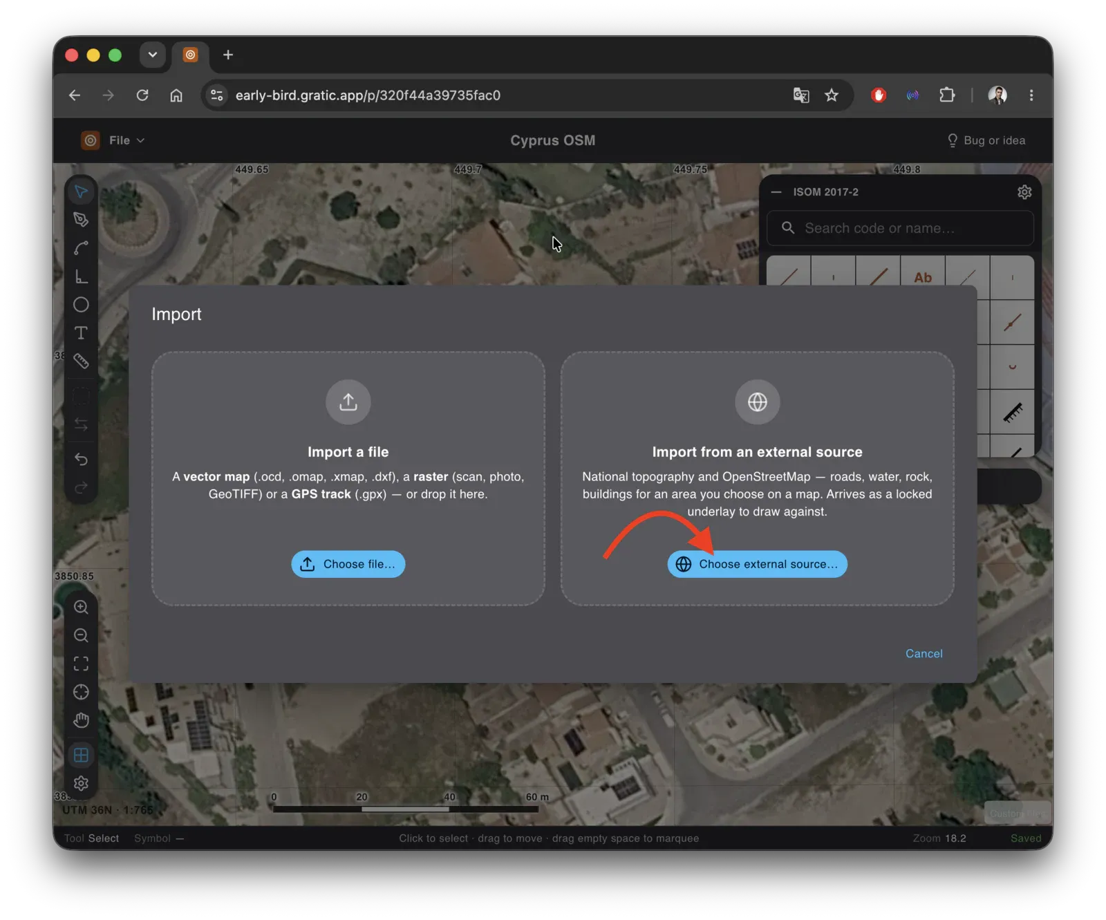 The import dialog offering two paths: a file from disk, or an external source described as national
topography and OpenStreetMap.