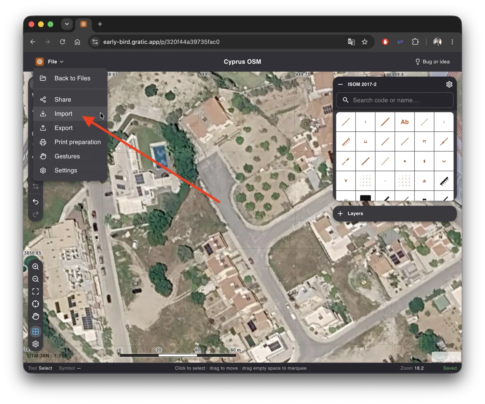 The File menu open with Import highlighted, above Export, Print preparation, Gestures and
Settings.