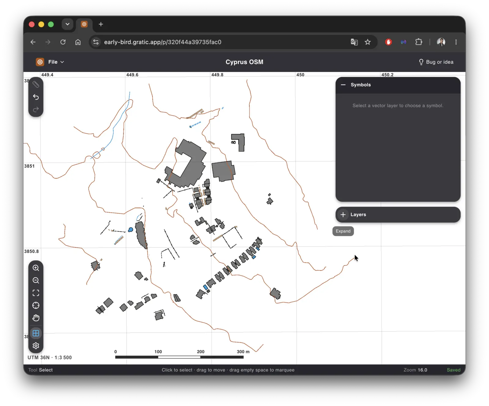 The imported layer alone on the map: contours, buildings and roads in place, nothing drawn by hand
yet.