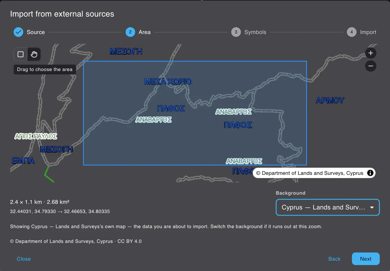 Choosing the area: a rectangle over Anavargos on the source's own map, with the size read as 2.4 by
1.1 kilometres and the licence underneath.
